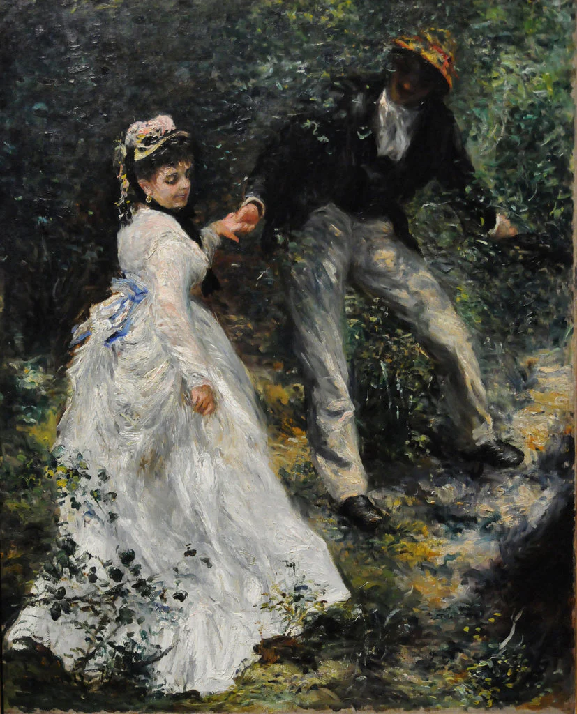 La Promenade di Pierre-Auguste Renoir, 1870 La Promenade di Pierre-Auguste Renoir, giovane donna in abito bianco accompagnata da un uomo lungo un sentiero immerso nel verde.