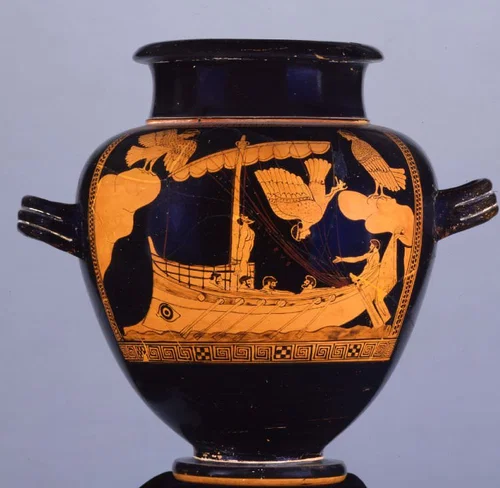 Vaso antico con Odisseo legato all’albero della nave e le sirene nella mostra Parthenope. La Sirena e la città