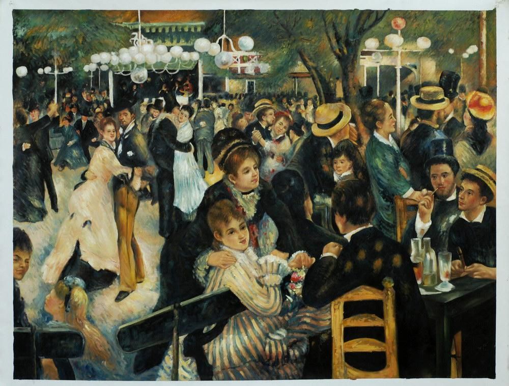 Pierre-Auguste Renoir, Bal du moulin de la Galette, 1876 Bal du moulin de la Galette di Pierre-Auguste Renoir, scena di ballo affollata a Montmartre con coppie danzanti, tavoli e luci tra gli alberi.
