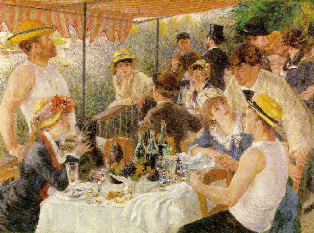 Pierre-Auguste Renoir, Le Déjeuner des canotiers, 1880–1881 Le Déjeuner des canotiers di Pierre-Auguste Renoir, gruppo di uomini e donne riuniti a tavola con bicchieri, bottiglie e un cane in una scena conviviale sulla Senna.