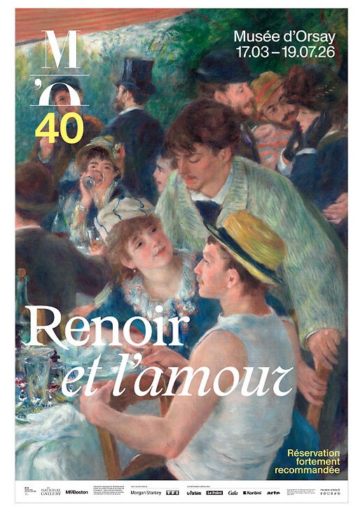 Mostra Renoir Musèe d'Orsay, locandina ufficiale di Renoir et l’amour con dettaglio del Déjeuner des canotiers di Pierre-Auguste Renoir.