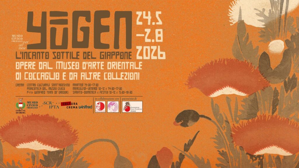Yūgen: Locandina arancione della mostra Yūgen: l’incanto sottile del Giappone, in programma a Crema dal 24 maggio al 2 agosto 2026.