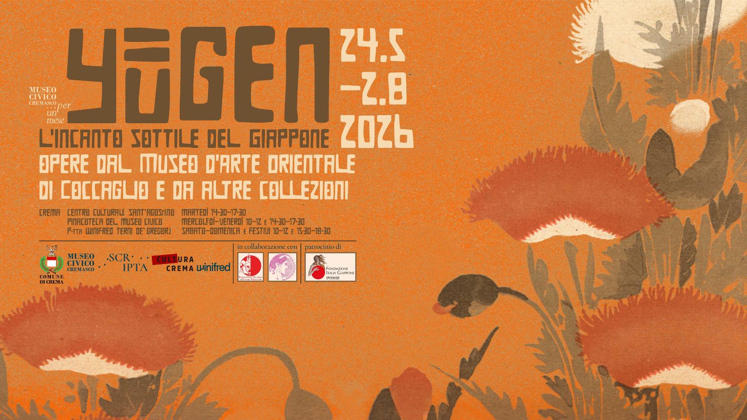 Yūgen: Locandina arancione della mostra Yūgen: l’incanto sottile del Giappone, in programma a Crema dal 24 maggio al 2 agosto 2026.