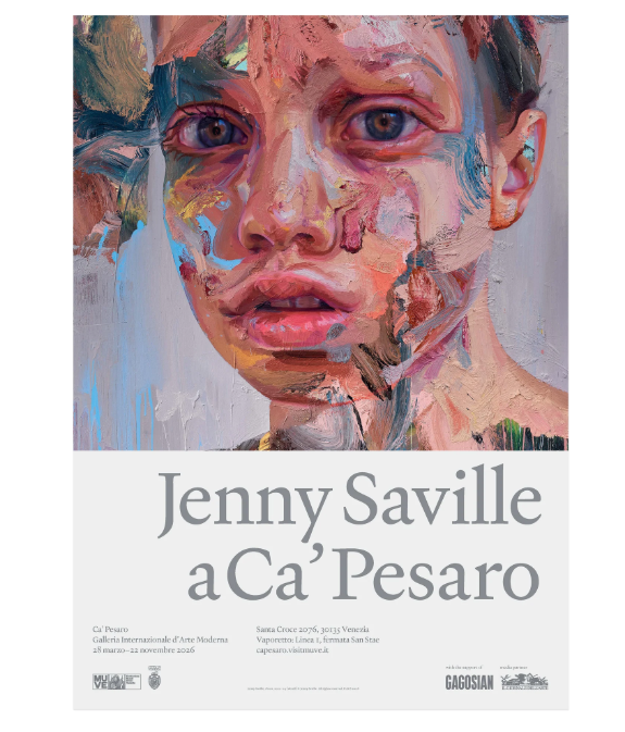 Locandina della mostra Jenny Saville a Ca’ Pesaro con il dettaglio pittorico di un volto e le informazioni su sede e date dell’esposizione.