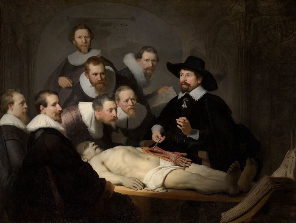 La lezione di anatomia del dottor Nicolaes Tulp di Rembrandt, con il medico e sette chirurghi riuniti attorno a un cadavere durante una dissezione.