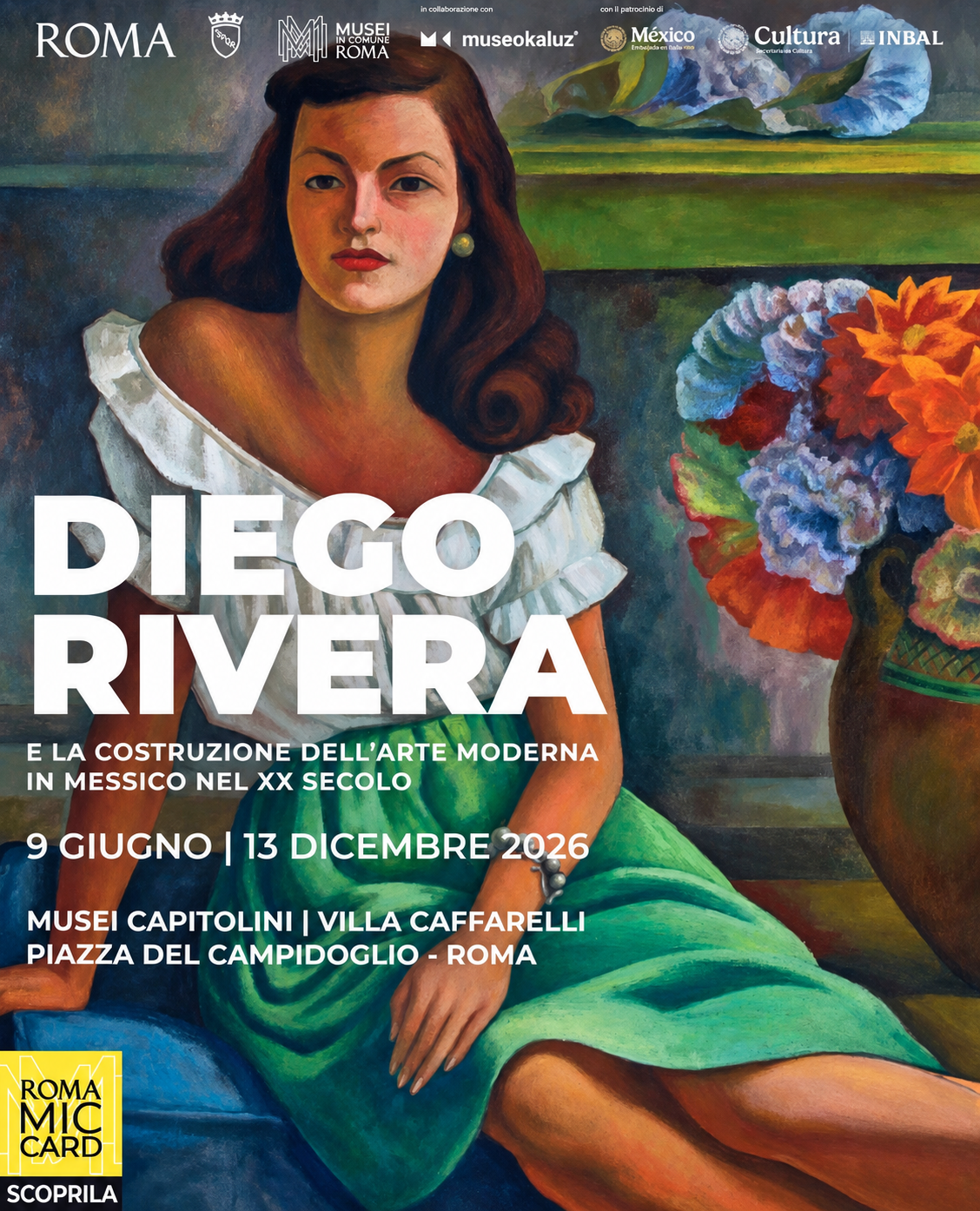 Locandina della mostra di Diego Rivera ai Musei Capitolini di Roma, 9 giugno – 13 dicembre 2026