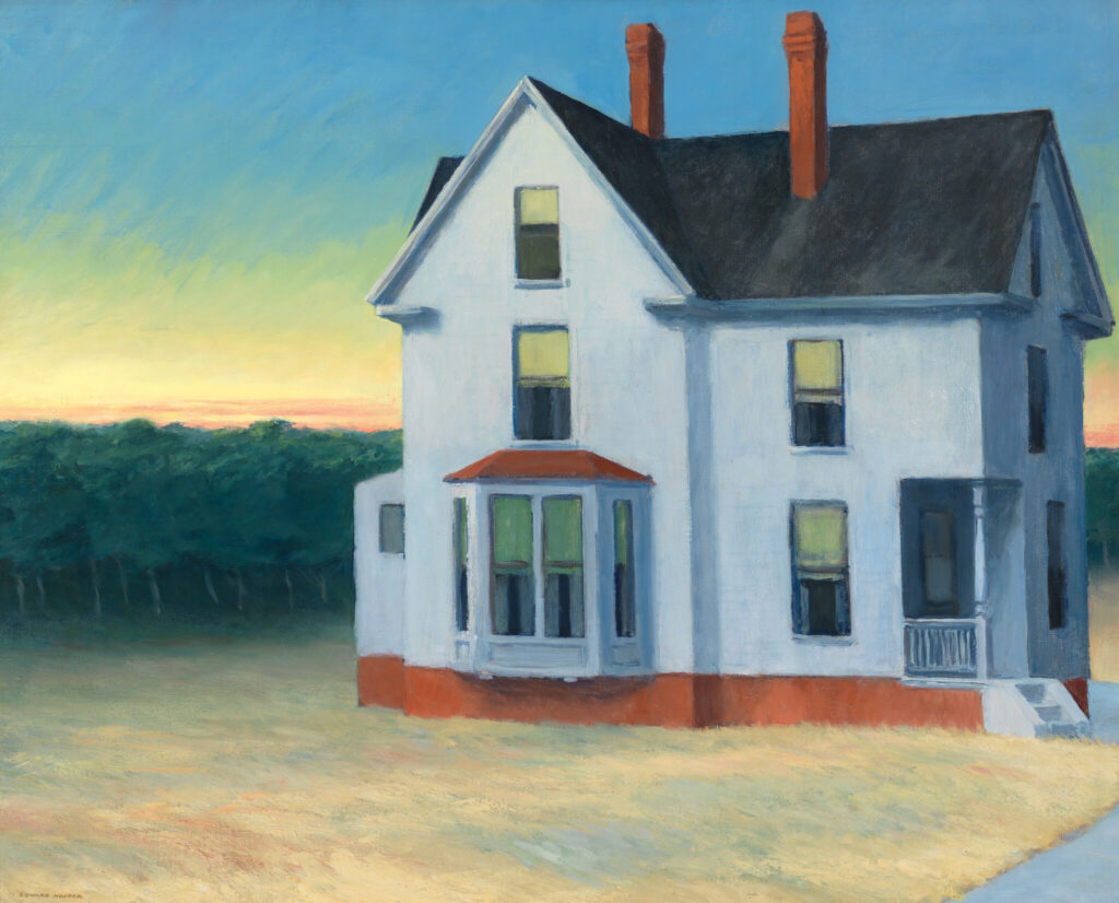 Edward Hopper, Cape Cod Sunset, 1934, casa bianca al tramonto a Cape Cod