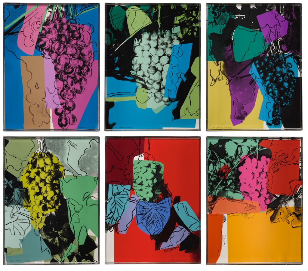 Andy Warhol, Grapes, 1979, portfolio di sei serigrafie a colori su carta Strathmore Bristol, 101,6 × 76,2 cm ciascuna, edizione di 50 esemplari, pubblicata da Andy Warhol Enterprises, Inc., New York.