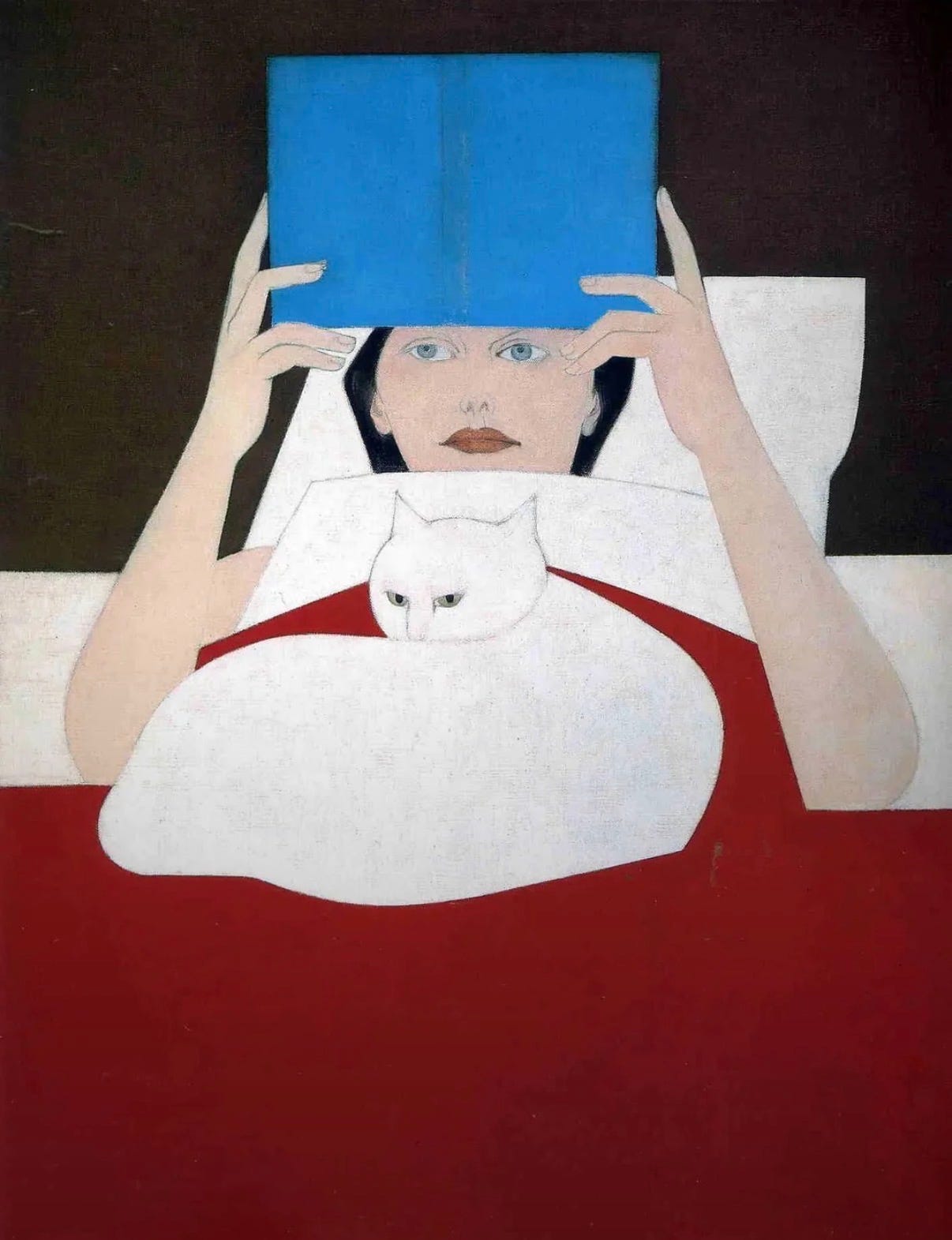 Donna che legge (Woman Reading) di Will Barnet, donna sdraiata con un libro blu e un gatto bianco