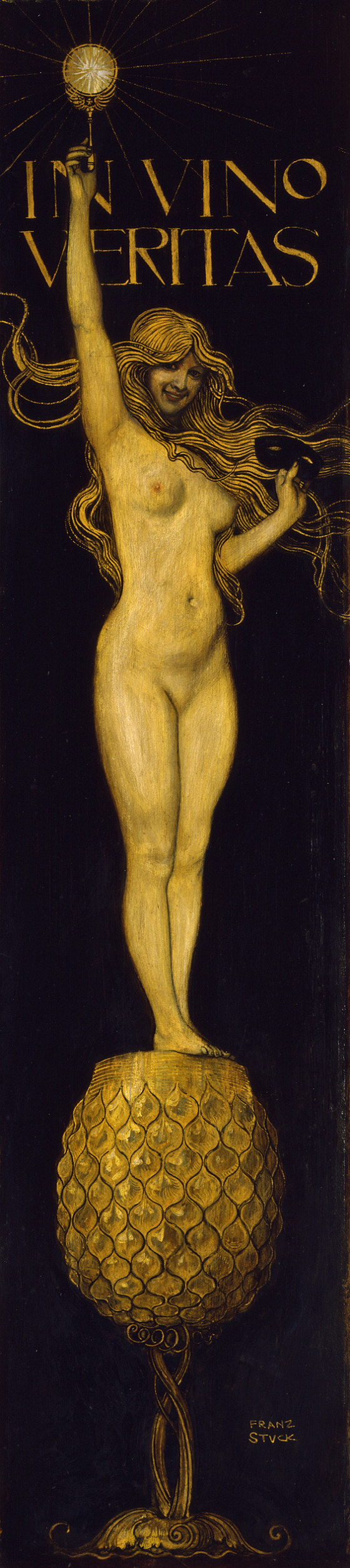 Franz von Stuck, In Vino Veritas, figura femminile nuda con maschera e specchio su fondo scuro.