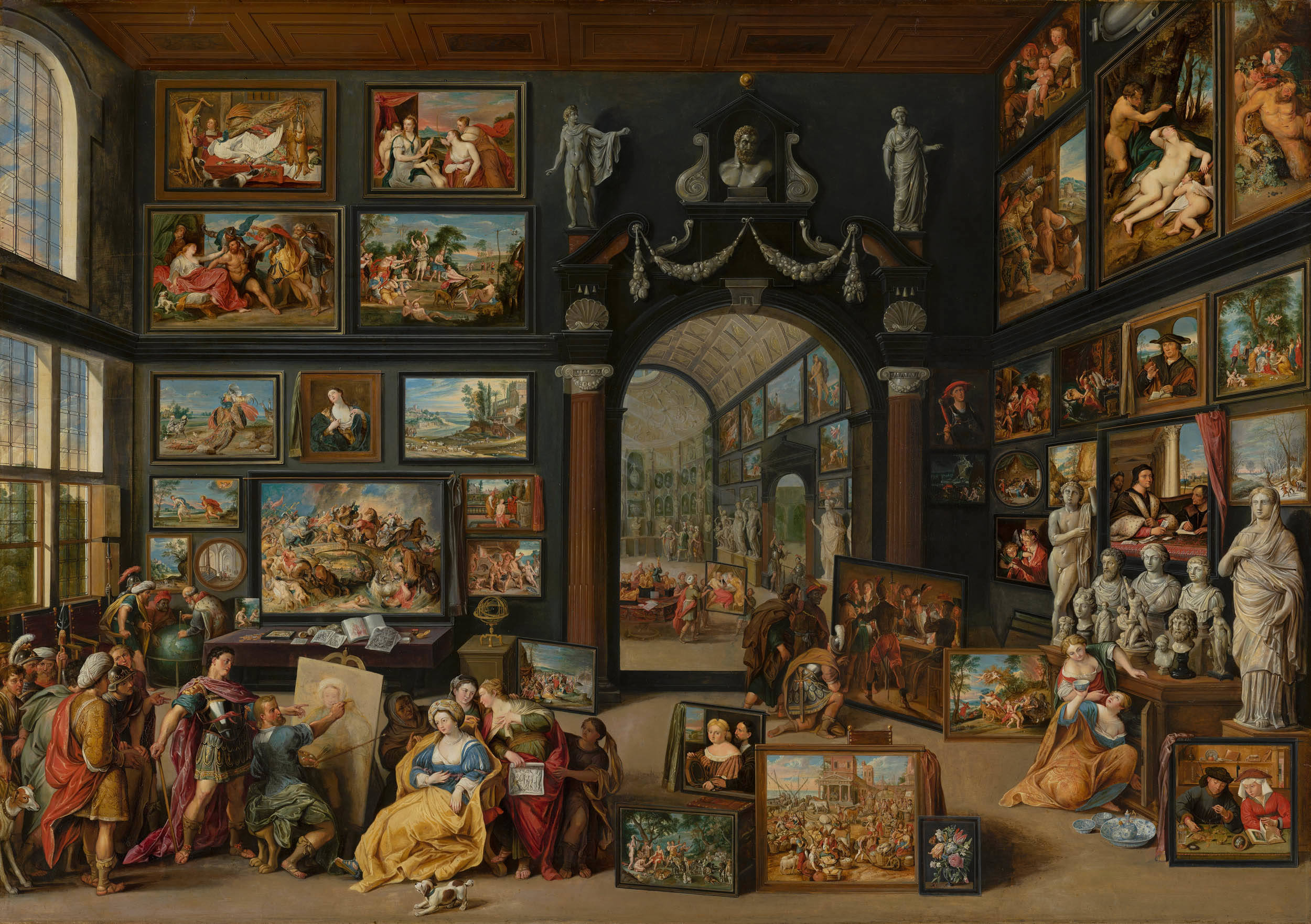 Apelle ritrae Campaspe di Willem van Haecht, grande Kunstkammer affollata di dipinti, sculture e collezionisti