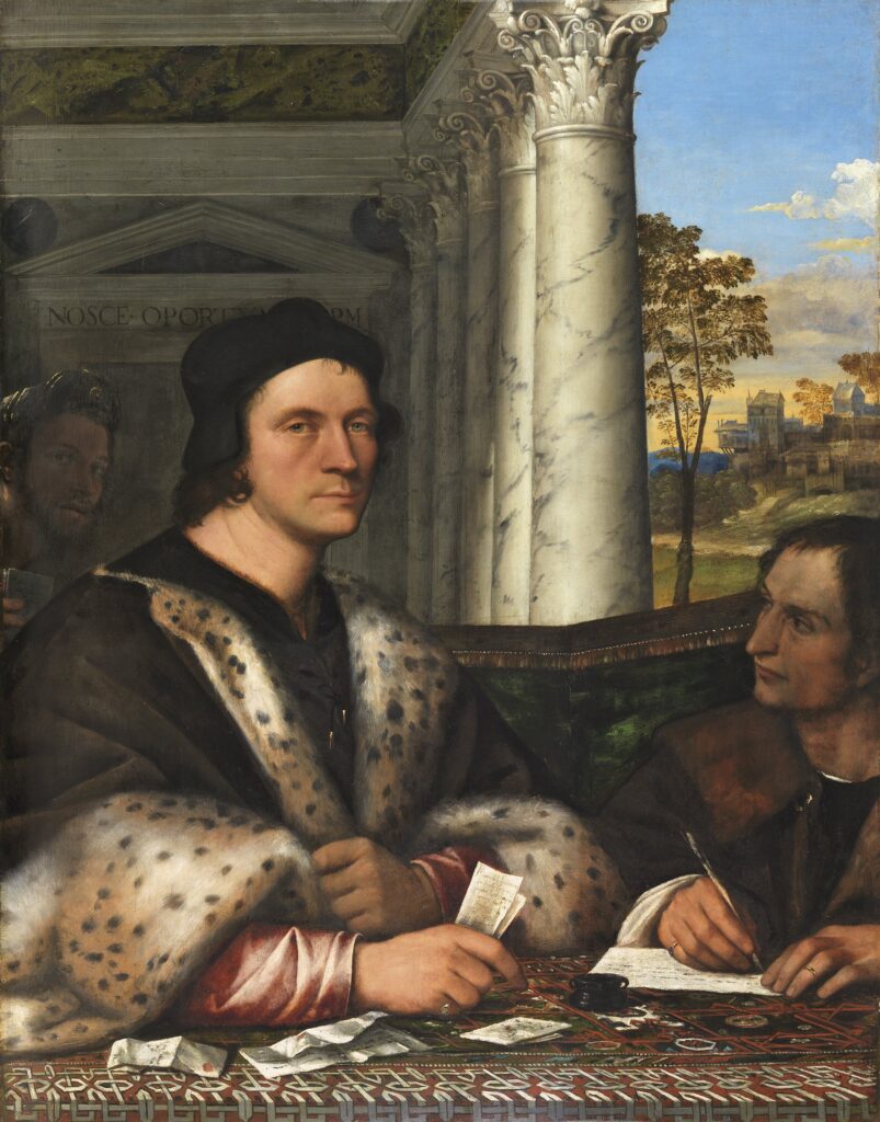 Ritratto di Ferry Carondelet con i suoi segretari di Sebastiano del Piombo, con tre uomini seduti a un tavolo davanti a un portico aperto sul paesaggio.
