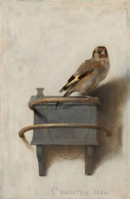 Il Cardellino di Carel Fabritius, piccolo uccello posato su una mangiatoia e legato da una sottile catena.