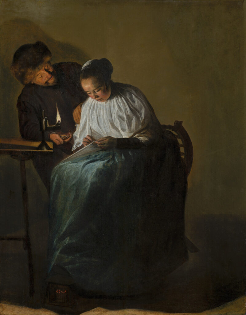 Uomo che offre denaro a una giovane donna di Judith Leyster, scena d’interno illuminata da una lampada a olio.