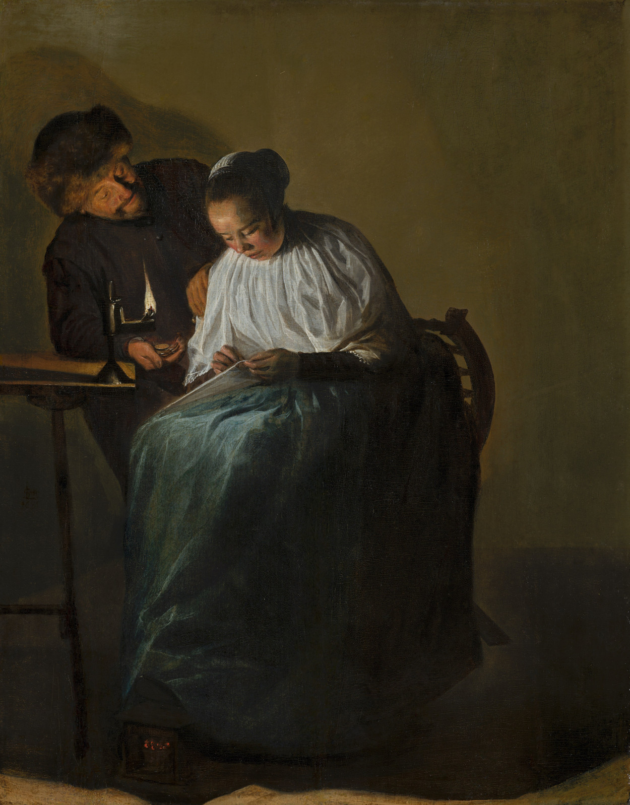 Uomo che offre denaro a una giovane donna di Judith Leyster, scena d’interno illuminata da una lampada a olio.
