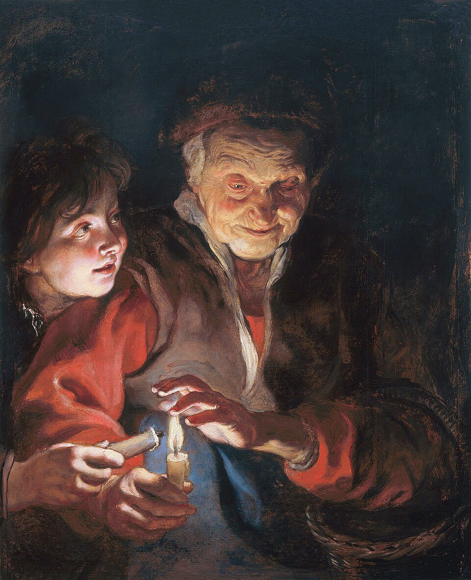 Scena notturna di Peter Paul Rubens con una vecchia e un ragazzo illuminati dalla luce di due candele.