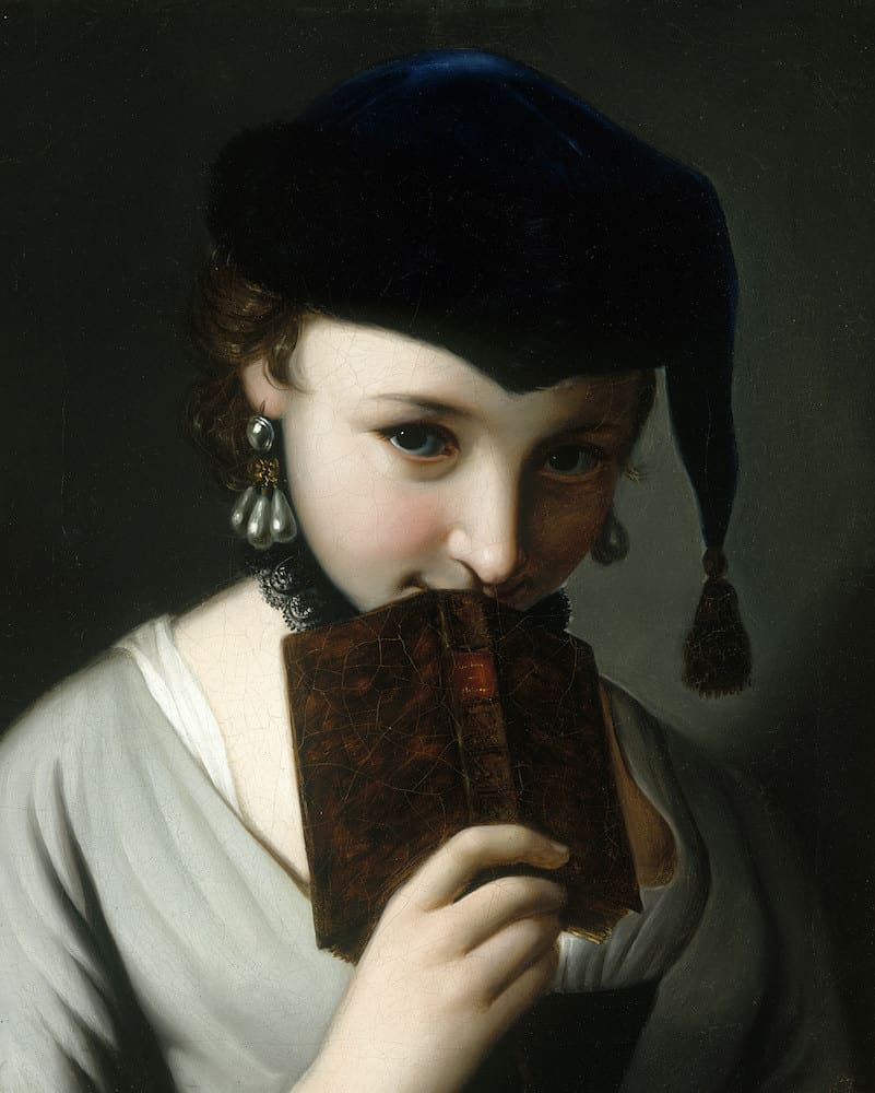 Una giovane donna con un libro di Pietro Rotari, ritratta con il volume davanti al volto