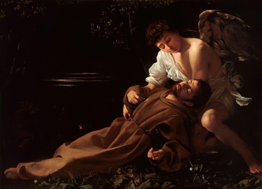 San Francesco in estasi di Caravaggio, sorretto da un angelo in un paesaggio notturno