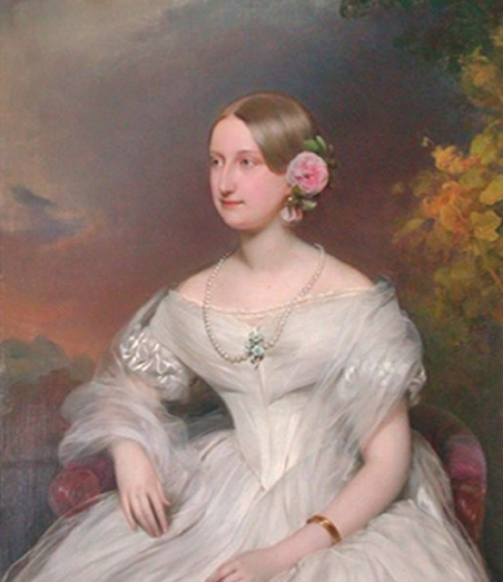 Ritratto di Maria Carolina Augusta di Borbone-Due Sicilie di Franz Schrotzberg, in abito bianco con rosa tra i capelli.