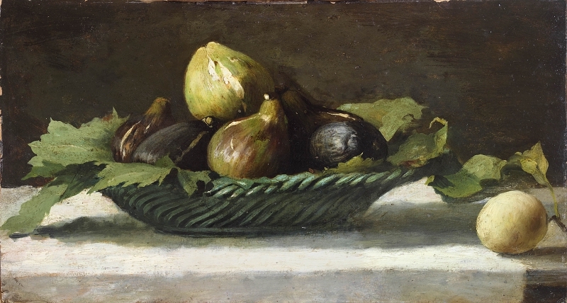 Natura morta di Giovanni Segantini con fichi maturi raccolti in un cestino verde, foglie e un limone su una tovaglia bianca.