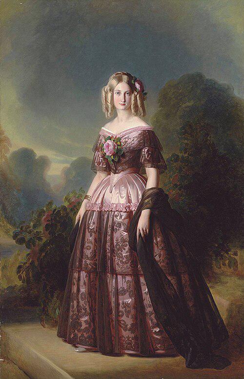 Ritratto di Maria Carolina Augusta di Borbone-Due Sicilie di Franz Xaver Winterhalter, in abito rosa con pizzo nero e rose, davanti a un paesaggio.