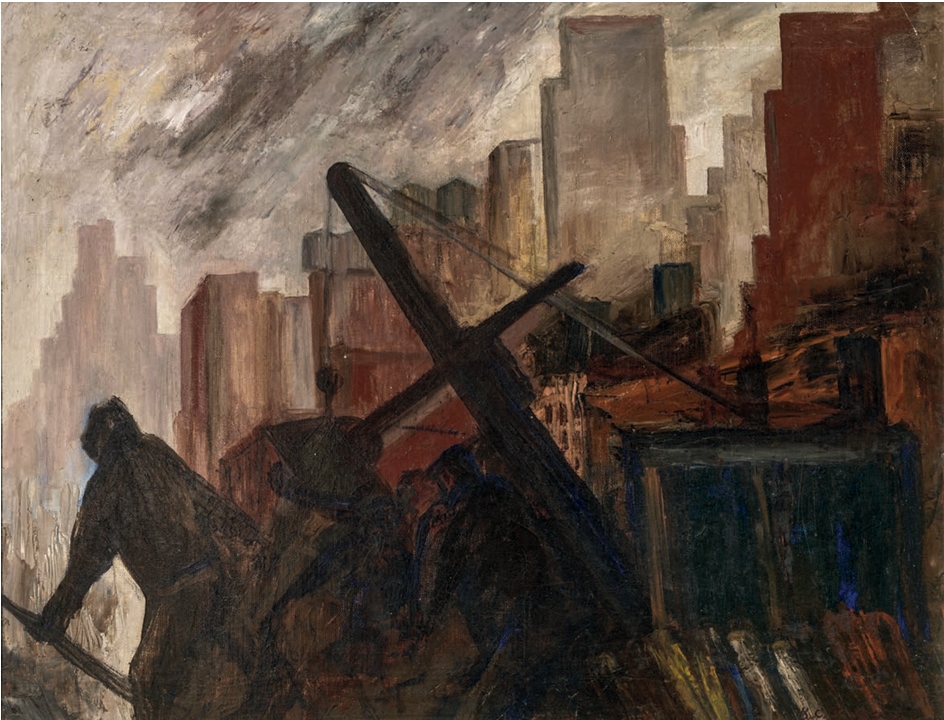 Eighth Avenue di José Clemente Orozco, scena urbana di New York con lavoratori e una grande struttura metallica