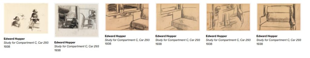 Serie di studi preparatori di Edward Hopper per Compartment C, Car 293, con la donna che legge e dettagli della carrozza ferroviaria