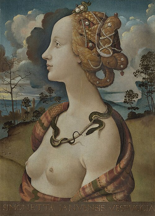 Ritratto di donna detto di Simonetta Vespucci di Piero di Cosimo, con profilo femminile, acconciatura ornata di perle e serpente al collo