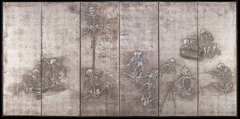Skeletons at Play di Takeuchi Ryūa, paravento sinistro con scheletri impegnati in giochi e attività quotidiane, Minneapolis Institute of Art