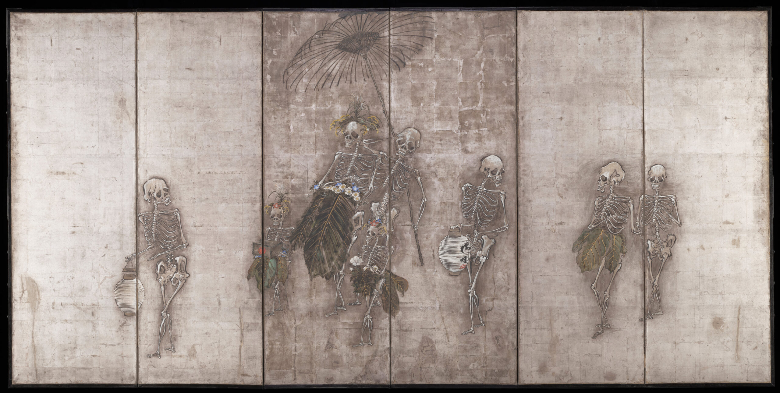 Skeletons as a Courtesan Procession di Takeuchi Ryūa, paravento con processione di scheletri, Minneapolis Institute of Art